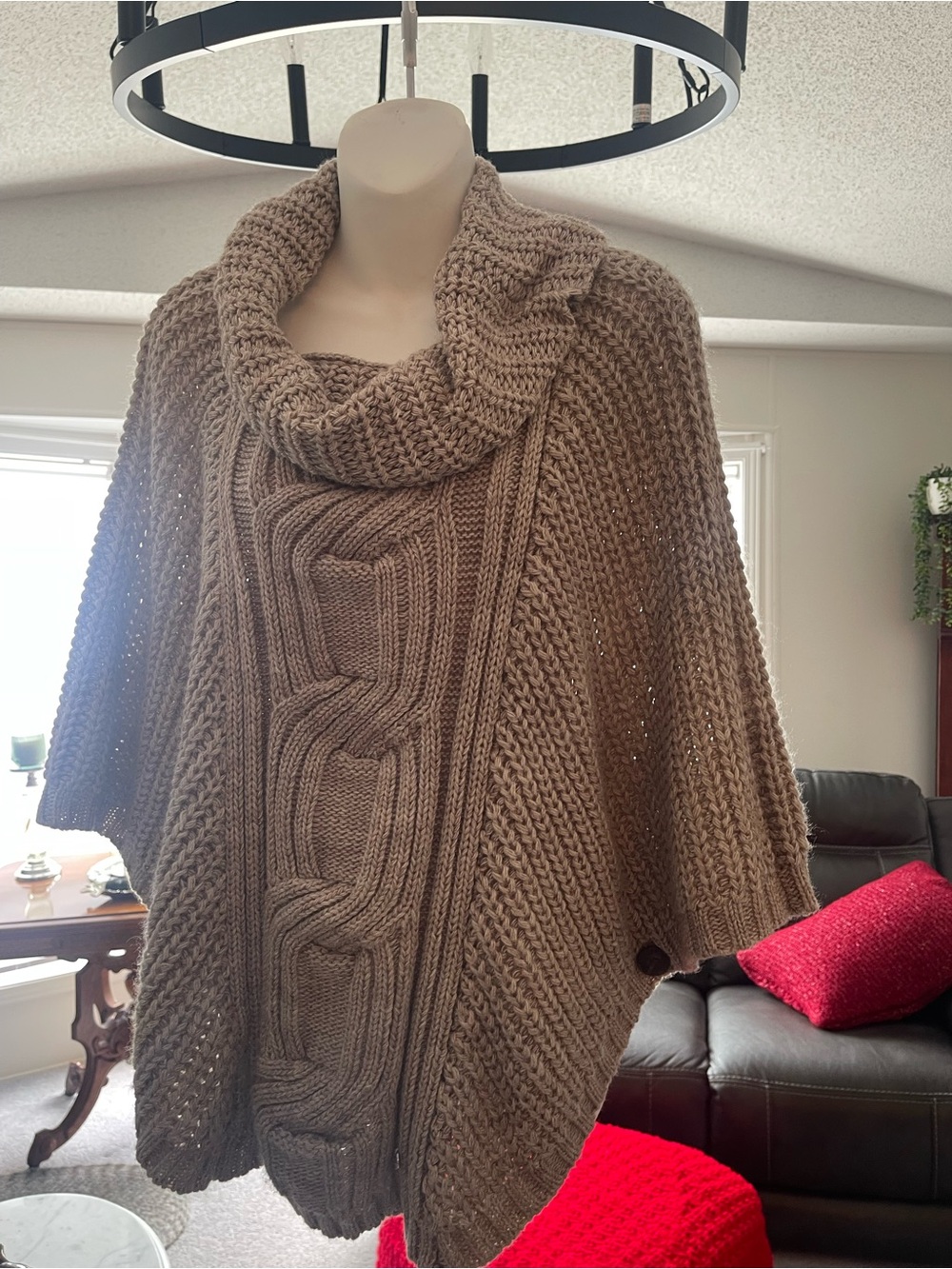 Point Zero Taupe Cable-Knit Cowl Neck Sweater Poncho